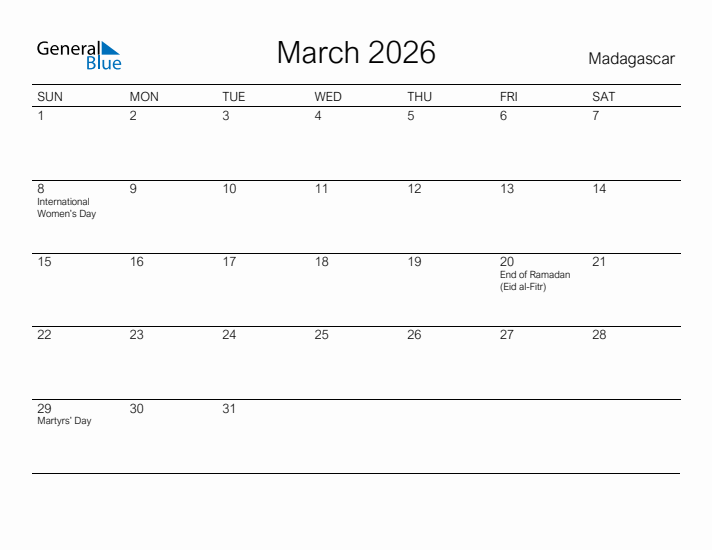 Printable March 2026 Calendar for Madagascar