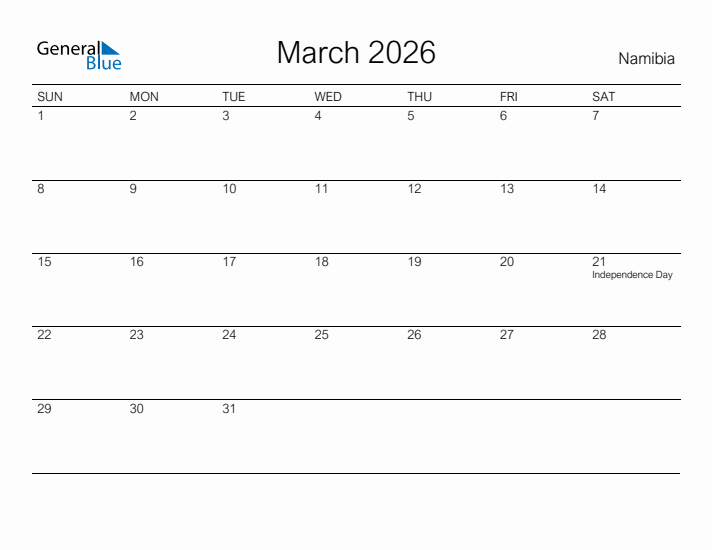 Printable March 2026 Calendar for Namibia