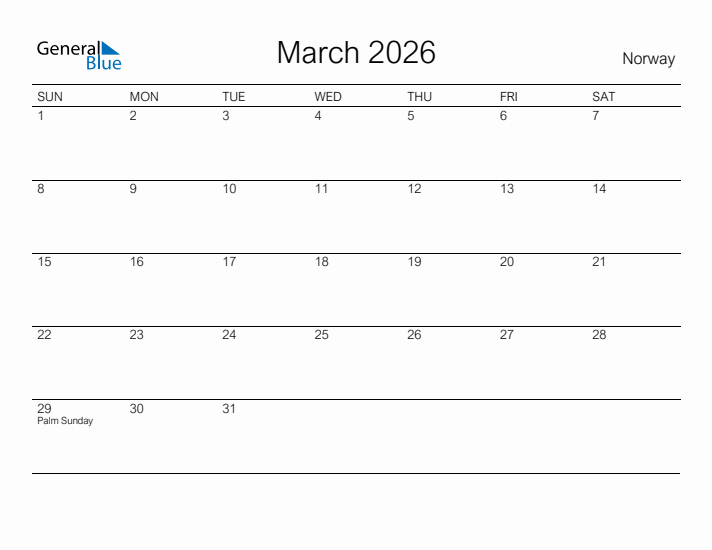 Printable March 2026 Calendar for Norway