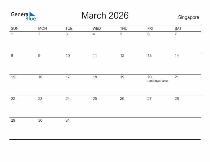 Printable March 2026 Calendar for Singapore