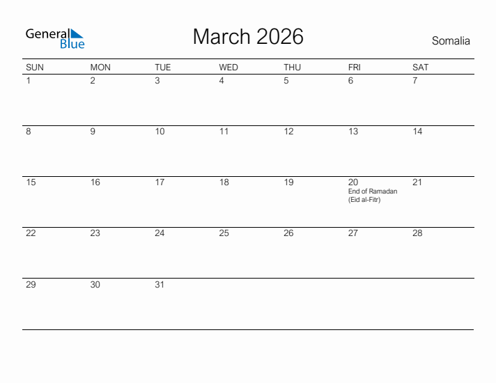 Printable March 2026 Calendar for Somalia