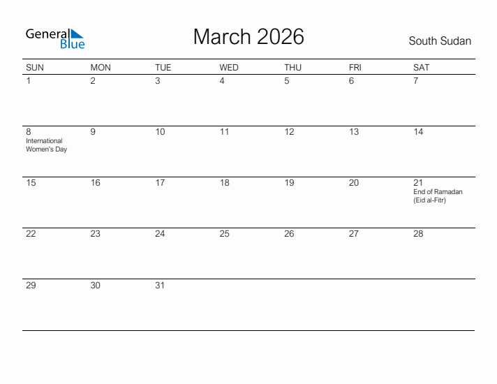 Printable March 2026 Calendar for South Sudan