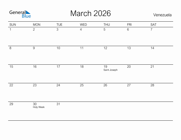 Printable March 2026 Calendar for Venezuela