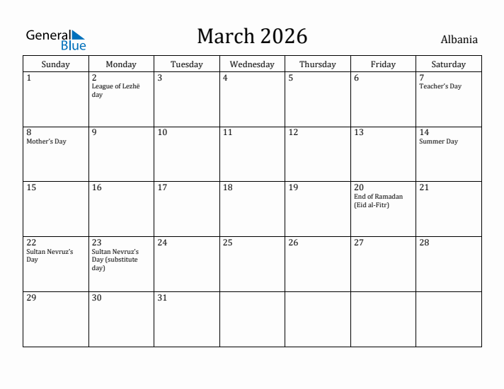 March 2026 Calendar Albania