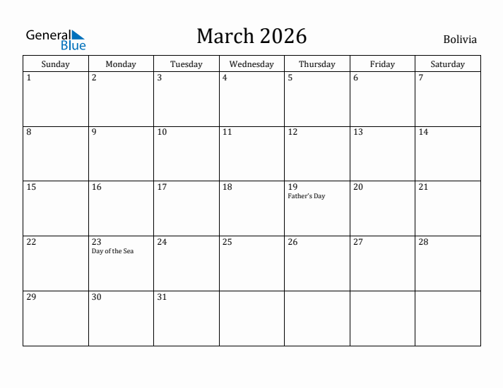 March 2026 Calendar Bolivia