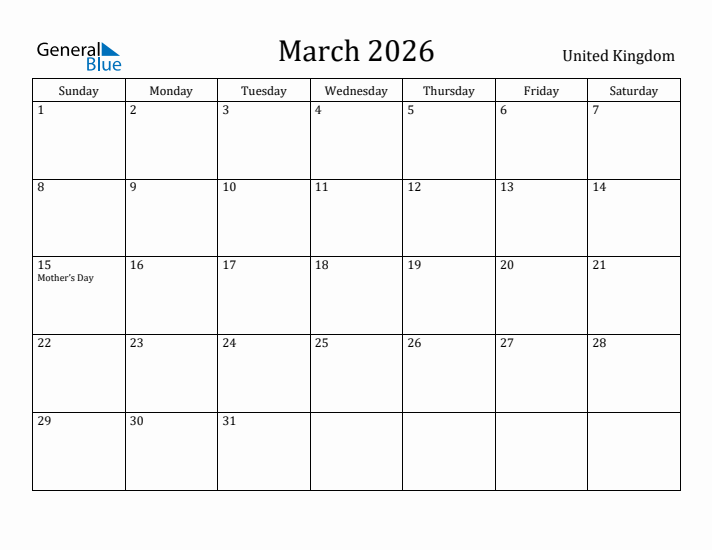 March 2026 Calendar United Kingdom