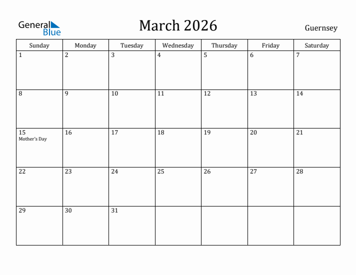 March 2026 Calendar Guernsey