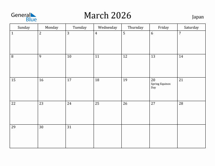 March 2026 Calendar Japan