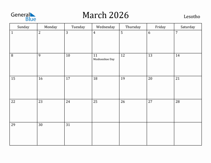 March 2026 Calendar Lesotho