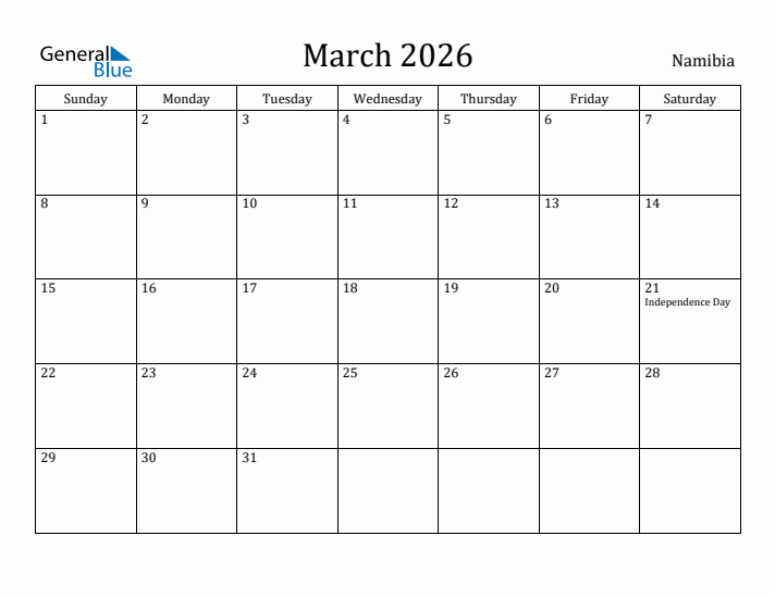 March 2026 Calendar Namibia