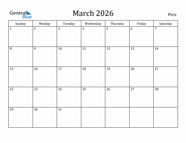 March 2026 Calendar Peru