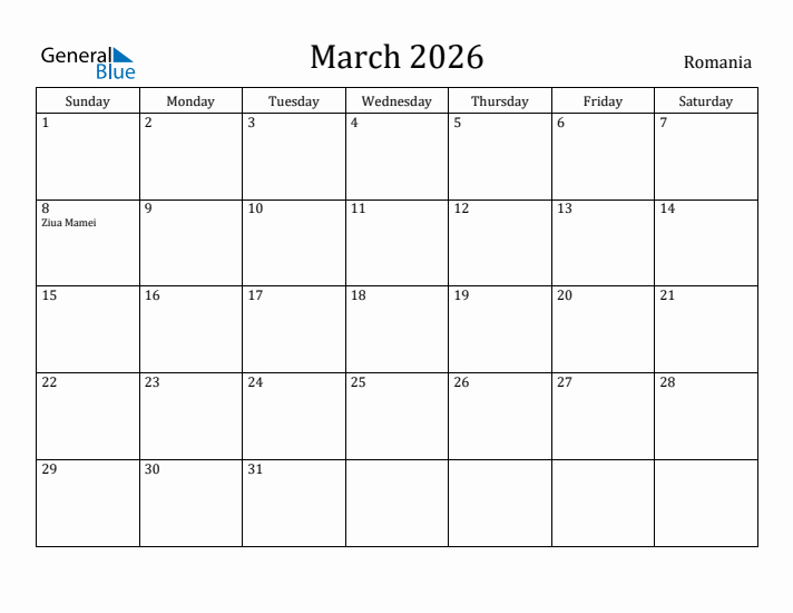 March 2026 Calendar Romania