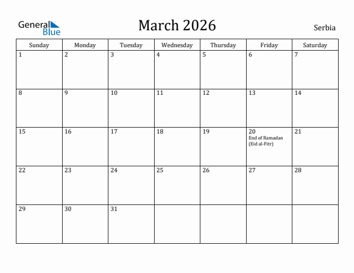 March 2026 Calendar Serbia