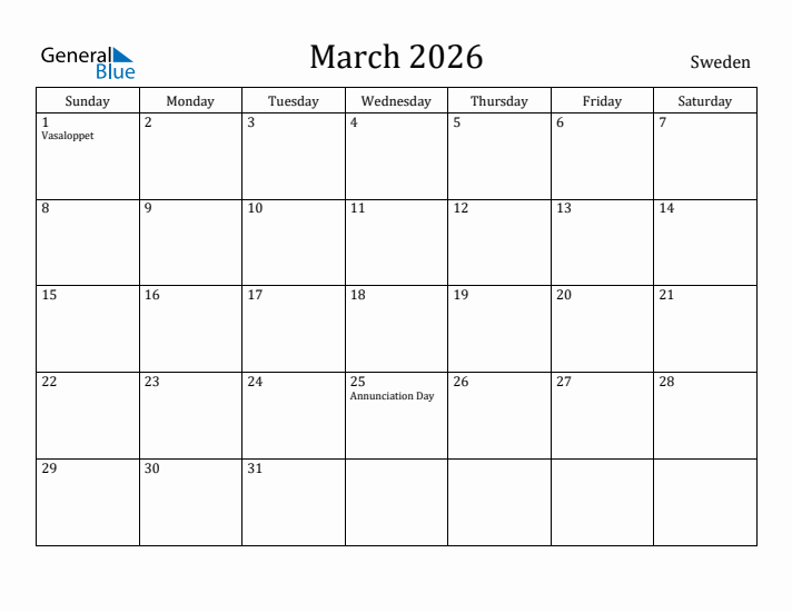 March 2026 Calendar Sweden