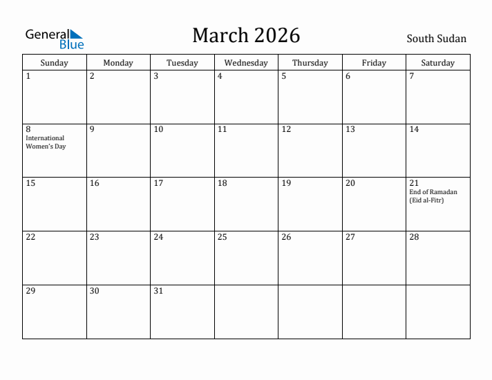 March 2026 Calendar South Sudan