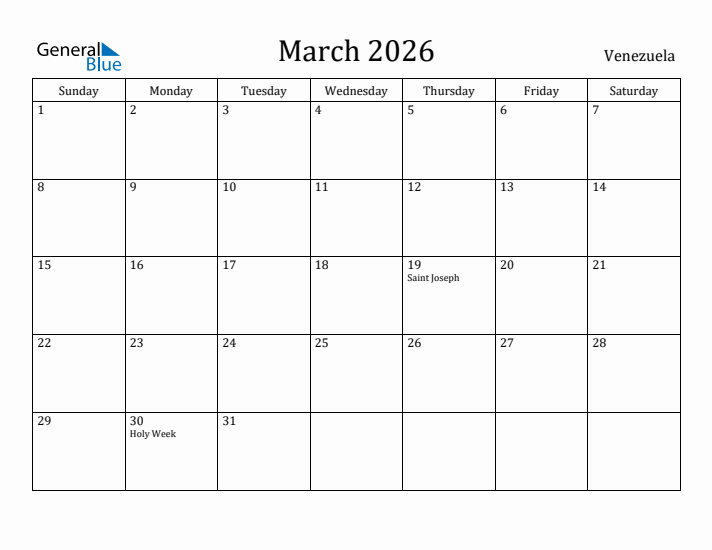 March 2026 Calendar Venezuela