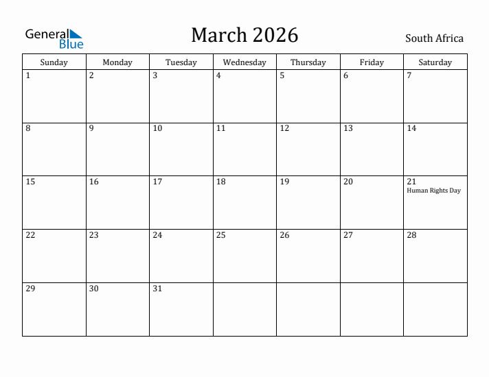 March 2026 Calendar South Africa