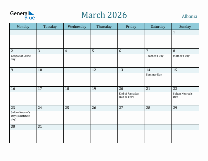 March 2026 Calendar with Holidays