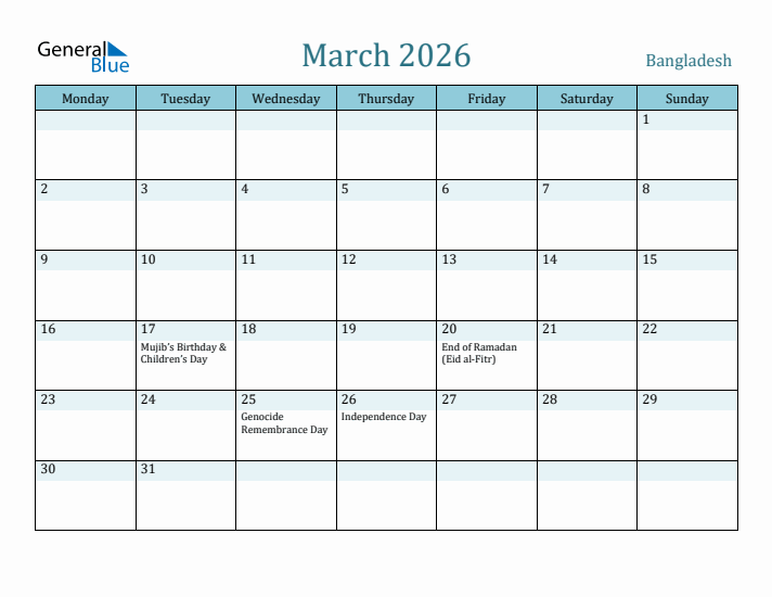 March 2026 Calendar with Holidays