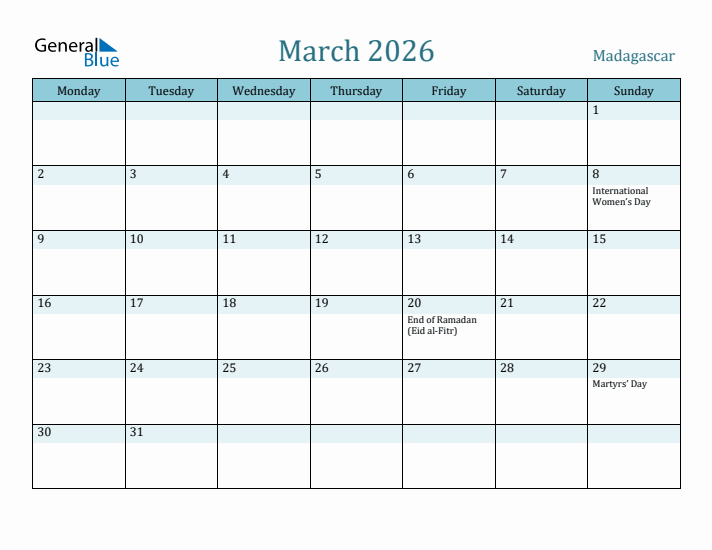 March 2026 Calendar with Holidays