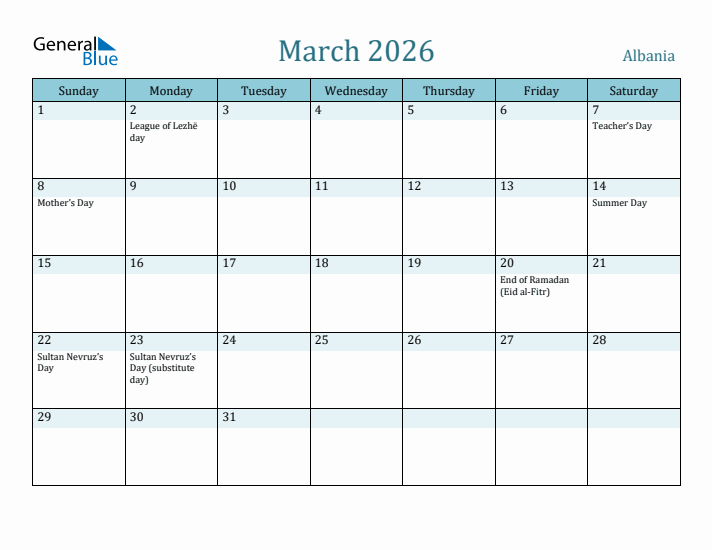 March 2026 Calendar with Holidays