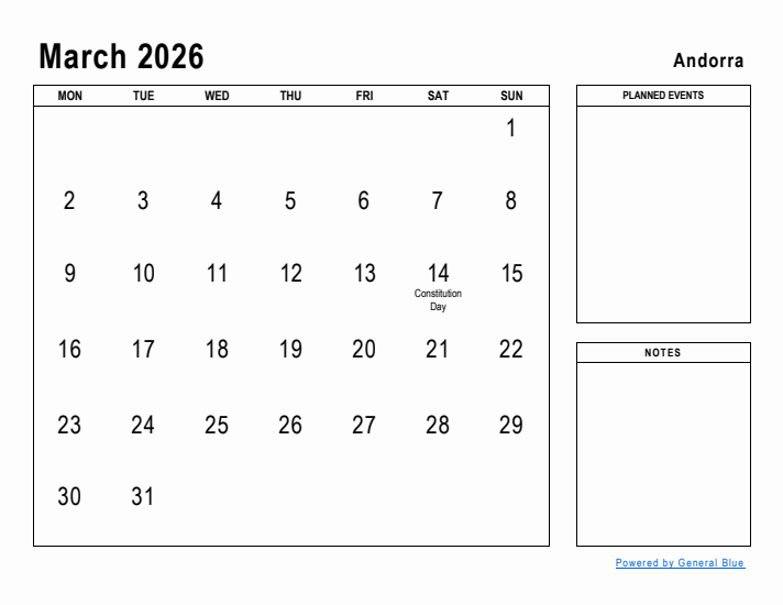 March 2026 Printable Monthly Calendar with Andorra Holidays