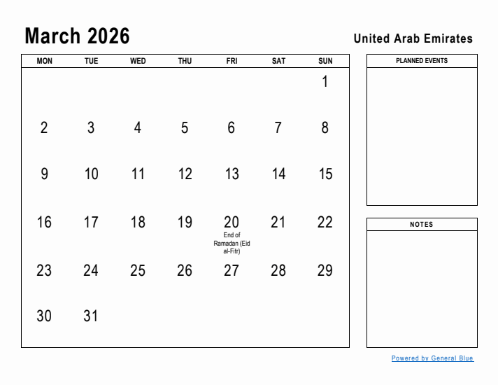 March 2026 Printable Monthly Calendar with United Arab Emirates Holidays