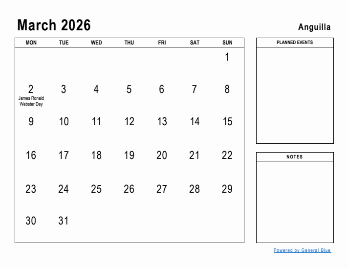 March 2026 Printable Monthly Calendar with Anguilla Holidays