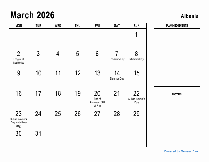 March 2026 Printable Monthly Calendar with Albania Holidays