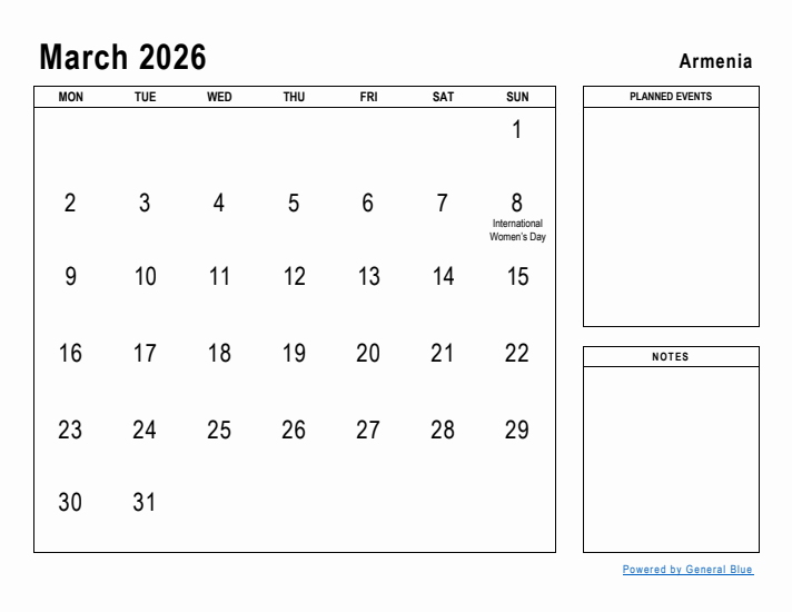 March 2026 Printable Monthly Calendar with Armenia Holidays