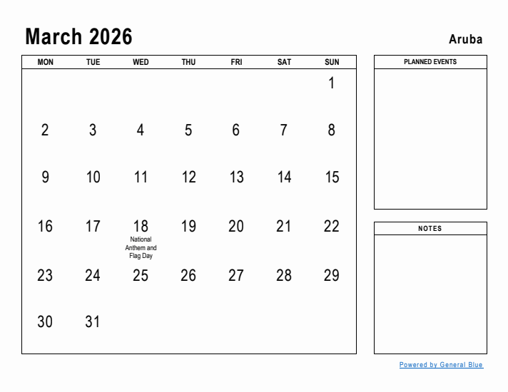 March 2026 Printable Monthly Calendar with Aruba Holidays