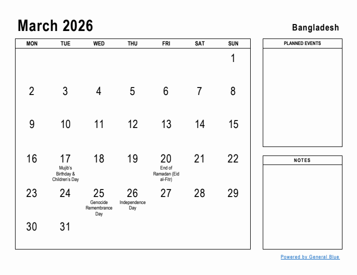 March 2026 Printable Monthly Calendar with Bangladesh Holidays