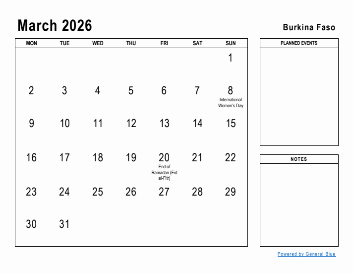 March 2026 Printable Monthly Calendar with Burkina Faso Holidays