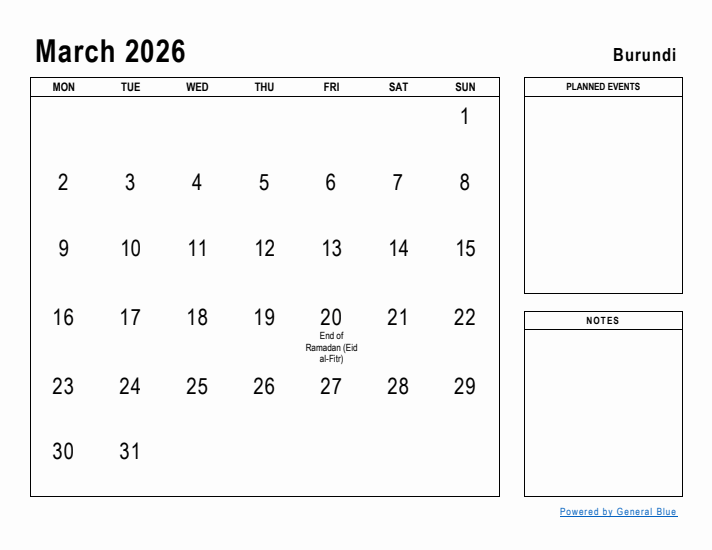 March 2026 Printable Monthly Calendar with Burundi Holidays