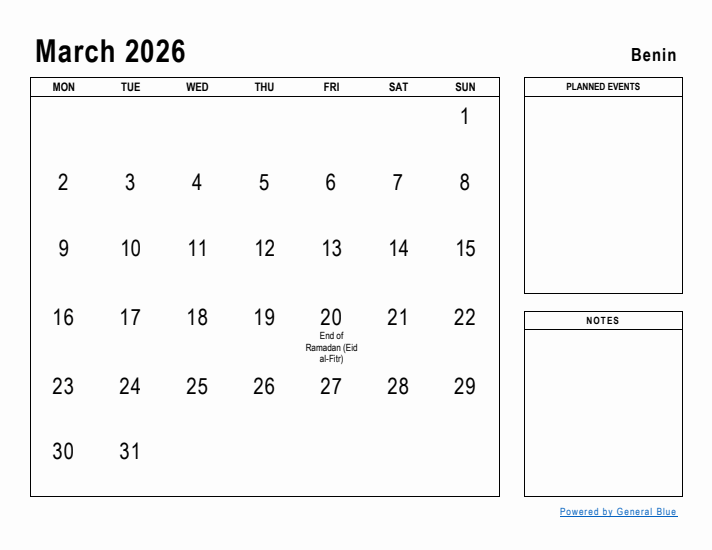 March 2026 Printable Monthly Calendar with Benin Holidays