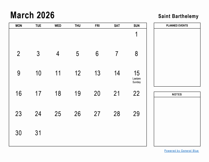 March 2026 Printable Monthly Calendar with Saint Barthelemy Holidays