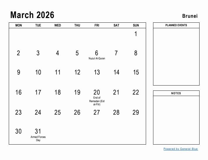 March 2026 Printable Monthly Calendar with Brunei Holidays