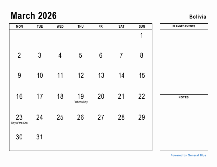 March 2026 Printable Monthly Calendar with Bolivia Holidays