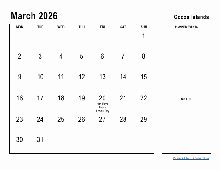 March 2026 Printable Monthly Calendar with Cocos Islands Holidays