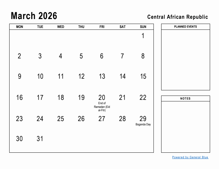 March 2026 Printable Monthly Calendar with Central African Republic Holidays