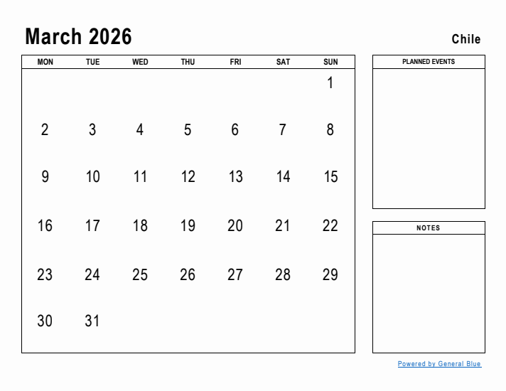 March 2026 Printable Monthly Calendar with Chile Holidays