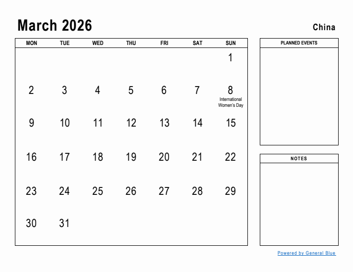 March 2026 Printable Monthly Calendar with China Holidays