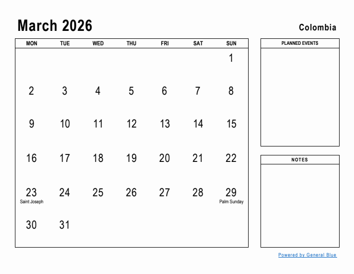 March 2026 Printable Monthly Calendar with Colombia Holidays