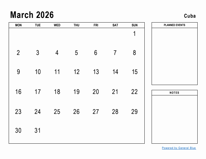 March 2026 Printable Monthly Calendar with Cuba Holidays