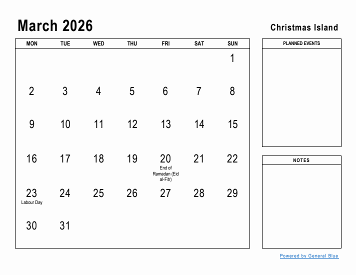 March 2026 Printable Monthly Calendar with Christmas Island Holidays