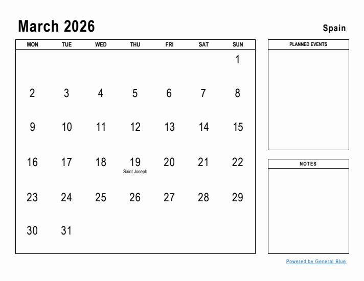 March 2026 Printable Monthly Calendar with Spain Holidays