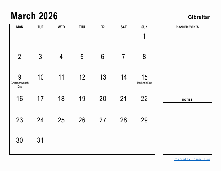 March 2026 Printable Monthly Calendar with Gibraltar Holidays