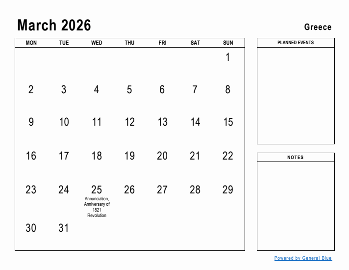 March 2026 Printable Monthly Calendar with Greece Holidays