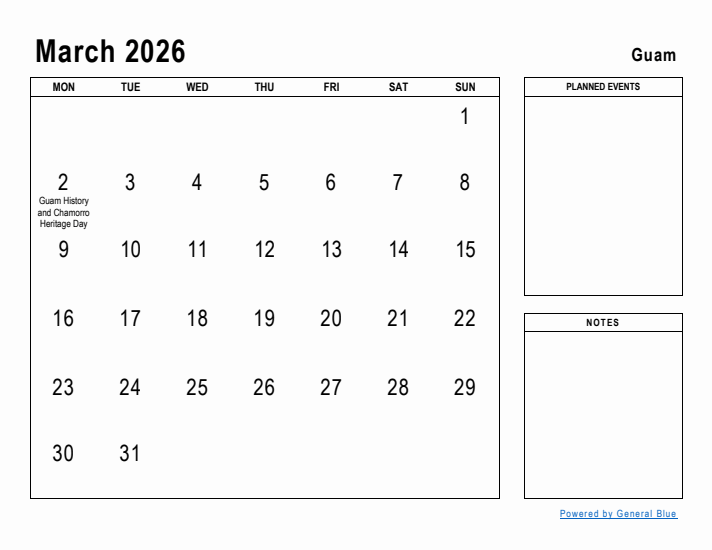 March 2026 Printable Monthly Calendar with Guam Holidays