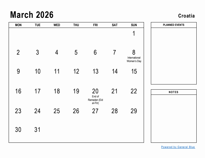 March 2026 Printable Monthly Calendar with Croatia Holidays